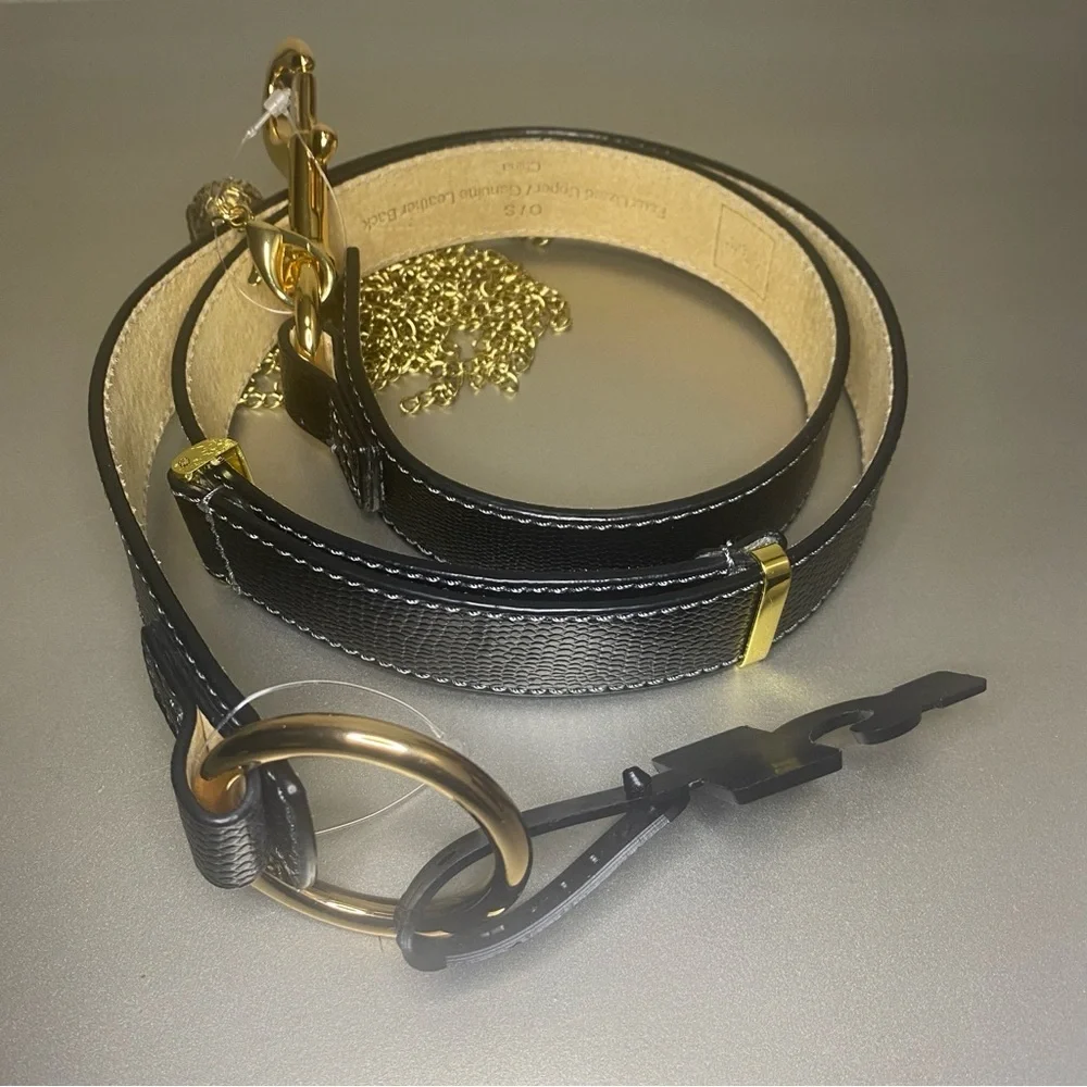 NWT Yul Taylor Adjustable Genuine Leather Belt in Black With Gold Hardware - OS